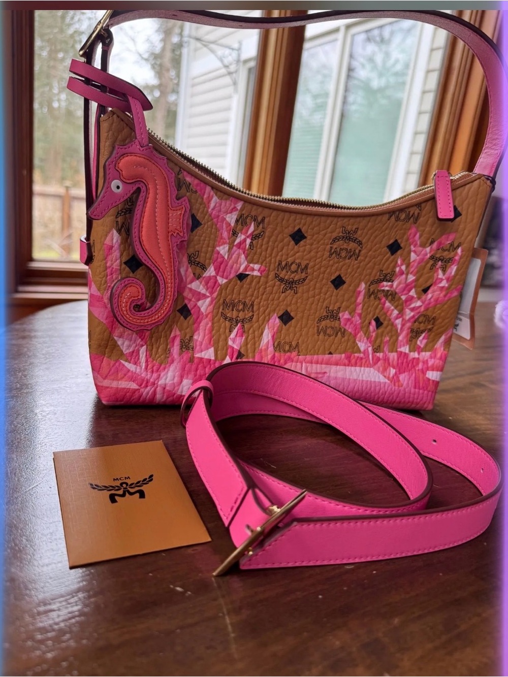 MCM Brown Visetos Shoulder Bag with Pink Seahorse Accent